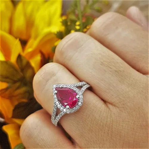 Miniatura 51 de Dazzlingrock Collection Anillo de compromiso con forma de lágrima y diamante blanco natural redondo de 0.45 quilates con halo de diamantes blancos
