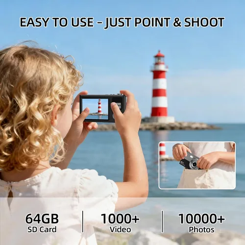 Miniatura 3 de Cámara digital para niños y principiantes, cámara digital 4K con tarjeta SD de 64 GB, zoom 16X, cámara compacta de apuntar y disparar con pantalla