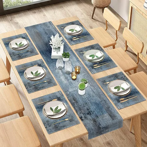 ArtSocket Juego de 6 manteles individuales y camino de mesa de granja, abstracto, azul, gris, pintura vintage, decoración de comedor para uso diario