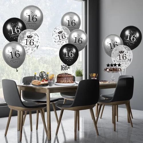 Miniatura 2 de Globos de 16 cumpleaños para decoración de niños, 15 unidades, color negro y plateado, para fiesta de feliz cumpleaños de 16 años, globos de confeti