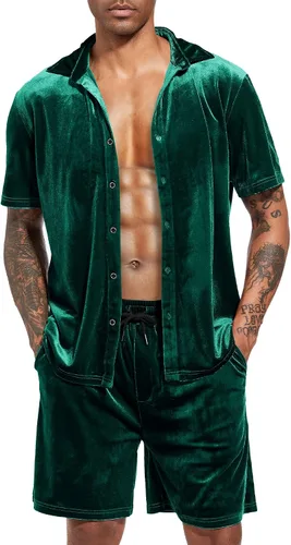Miniatura 21 de LecGee Conjunto de pantalones cortos casuales de verano para hombre, camisa de terciopelo de manga corta con botones, pantalones cortos de cintura