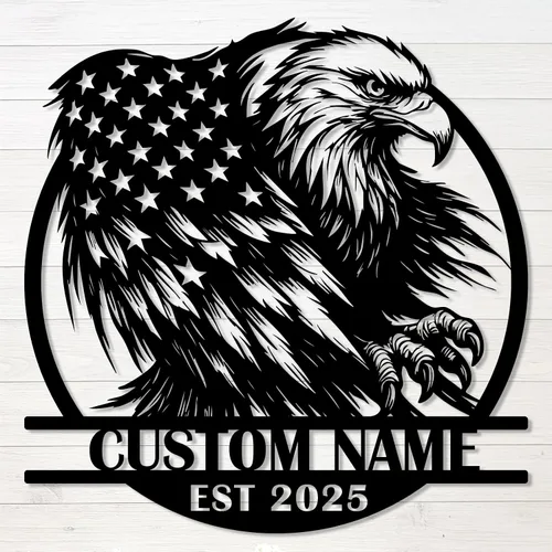Miniatura 10 de Letrero de metal personalizado de águila y bandera estadounidense, arte de pared patriótico con nombre personalizado, decoración de hierro