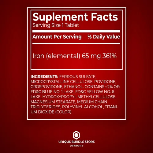 Miniatura 4 de Hierro 65 mg – 100 comprimidos, suplemento de sulfato ferroso de 325 mg, pastillas veganas, Hierro para Mujeres, vitaminas diarias de hierro