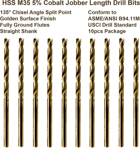 Miniatura 2 de MAXTOOL No.27 10 brocas idénticas de longitud Jobber 0.144 pulgadas HSS M35 cobalto Twist Brocas Calibre de alambre Numerado Golden Straight Drills