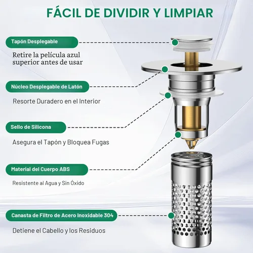 Miniatura 6 de Colador de drenaje para fregadero de baño, tapón universal emergente para fregadero atrapapelos, cesta de filtro de drenaje de acero inoxidable