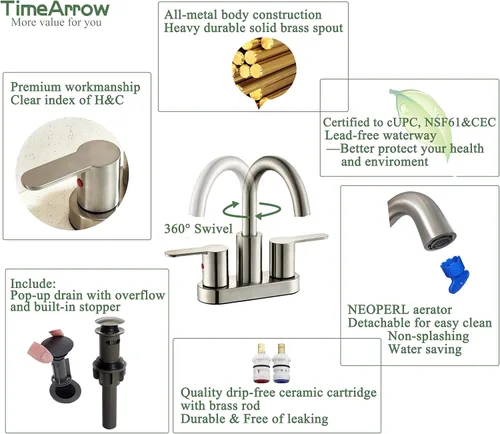 Miniatura 4 de TimeArrow Grifo de Lavabo de Baño Centerset de 2 Manijas Níquel Cepillado con Ensamblaje de Desagüe, Arco Alto Moderno de 4 Pulgadas Grifo de Níquel