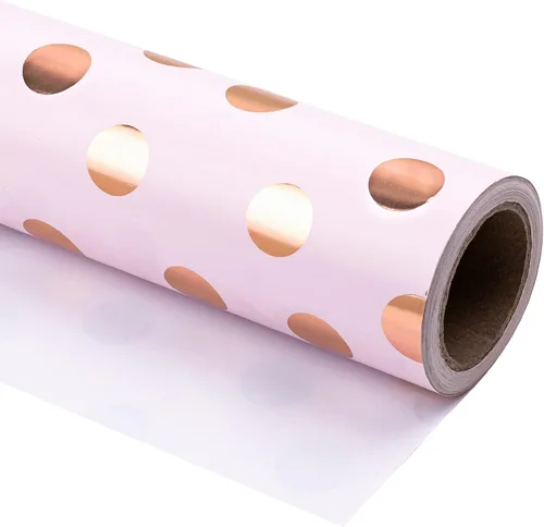 WRAPAHOLIC Rollo de papel de regalo rosa, mini rollo, 17 pulgadas x 33 pies, diseño de lunares de lámina de oro rosa para cumpleaños, vacaciones,