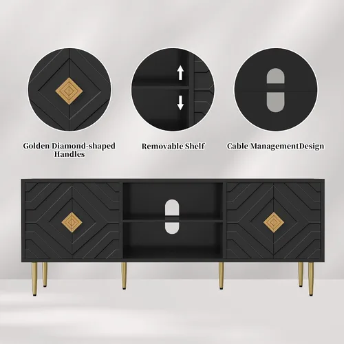 Miniatura 5 de HLR Soporte de TV negro moderno de 63 pulgadas para TV de 65/70/75 pulgadas, centro de entretenimiento con gabinete de almacenamiento, consola de TV