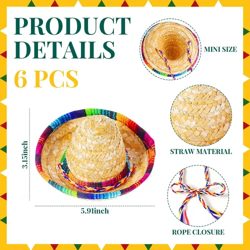 Miniatura 2 de 12 maracas de madera de colores y 6 sombreros de mini sombrero, recuerdos de fiesta mexicana y suministros para carnavales