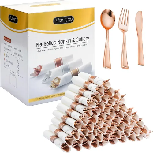 Juego de 50 cubiertos de plástico color oro rosa preenrollados con servilletas, juego de cubiertos desechables envueltos resistentes para bodas,
