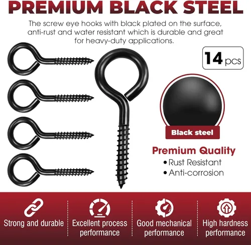Miniatura 2 de 14 PIEZAS Ojos de Tornillo Negros - Pernos de Ojo Resistentes de 3.2 Pulgadas, Asegurador de Cable y Alambre - Soporte para Hamaca, Uso