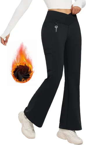 BALEAF Pantalones con forro polar para mujer, para invierno, térmicos, resistentes al agua, cruzados, acampanados, cálidos, corte de bota,