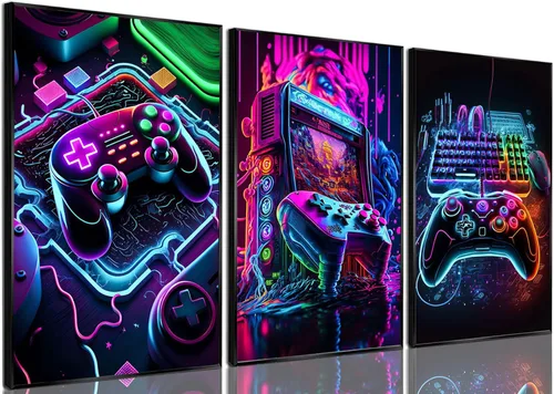 Miniatura 12 de BGFCE Arte de Lienzo de Pared para Gaming, Pinturas de Arte de Controlador de Juego con Salpicaduras de Tinta de Color, Pósteres para Estética