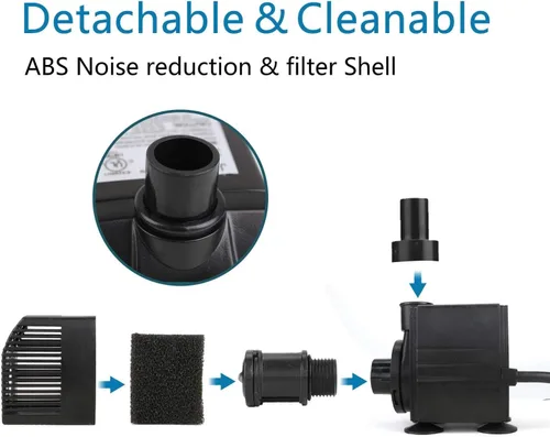 Miniatura 5 de BARST Bomba sumergible de 160 GPH con filtro, bomba de agua ultra silenciosa de 12 W, 600 L/H con cable de alimentación de 6 pies y 3 boquillas
