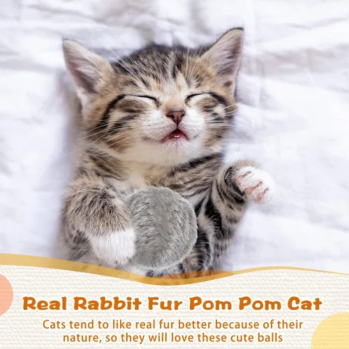 Miniatura 4 de LEIFIDE 12 piezas de pelo de conejo real, pompón, gatito, juguete esponjoso, bolas de sonajero suaves y mullidas para gatitos, mascotas, gatitos
