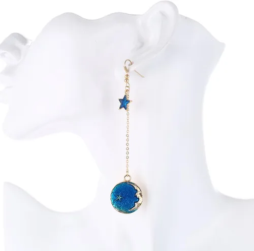 Miniatura 5 de SUNSCSC Aretes largos con forma de estrella con luna esmaltada para mujer y niña