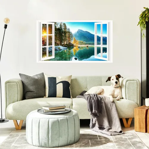 Miniatura 10 de Calcomanías de pared de paisaje, 3D, montaña, bosque, lago, calcomanías de pared extraíbles para ventana falsa, despegar y pegar, calcomanías