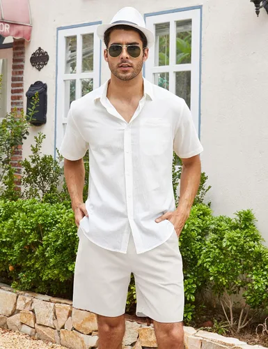Miniatura 4 de COOFANDY Pantalones cortos de lino para hombre con cintura elástica y cordón para playa