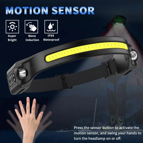 Miniatura 3 de Linterna frontal recargable paquete de 10, lámpara de cabeza de haz ancho de 230° con 2 focos, linterna frontal LED con sensor de movimiento