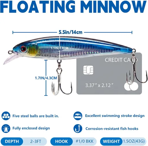Miniatura 2 de Señuelos flotantes, señuelos de arrastre con ganchos agudos BKK 1/0 # 4X y 5 sonajeros de acero. Acción realista atrae a los peces. Ideal para agua