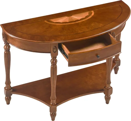 Miniatura 4 de Mesa de entrada de madera maciza con cajón, mesa de sofá semicírculo con estante de almacenamiento, tallas laterales de media luna, elegante mesa