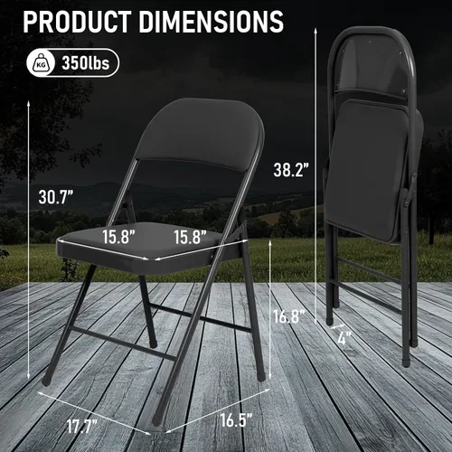Miniatura 2 de Juego de 4 Sillas Plegables Tapizadas en Negro - Cómodas Sillas Apilables Portátiles para Interior y Exterior, Eventos, Fiestas, Oficina, Boda Negro