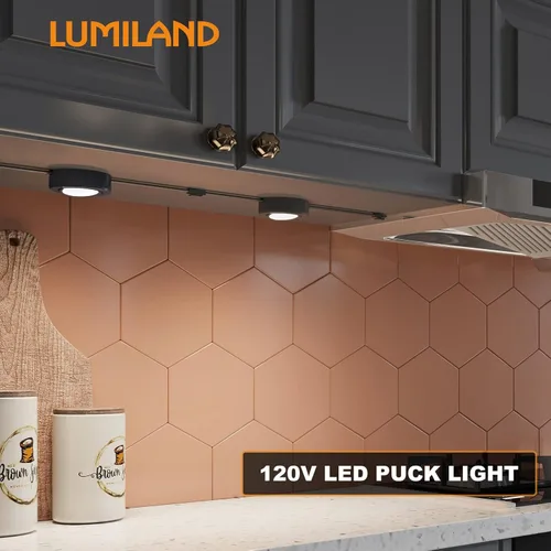 Miniatura 4 de LUMILAND Luces LED de disco con cable de 120 V (2.7Wx3) Plug-in iluminación blanco cálido, luz LED para gabinete para cocina, puede ser montaje
