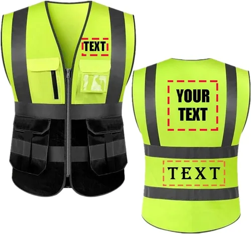 Añade tu nombre y texto en el chaleco de seguridad reflectante de alta visibilidad Clase 2 ANSI, personaliza tu texto, ropa de trabajo, 5 bolsillos