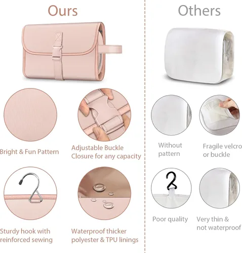 Miniatura 5 de Fintie - Bolsa de viaje portátil para cosméticos y artículos de aseo, gran organizador colgante resistente al agua para maquillaje, estuche de Rosa
