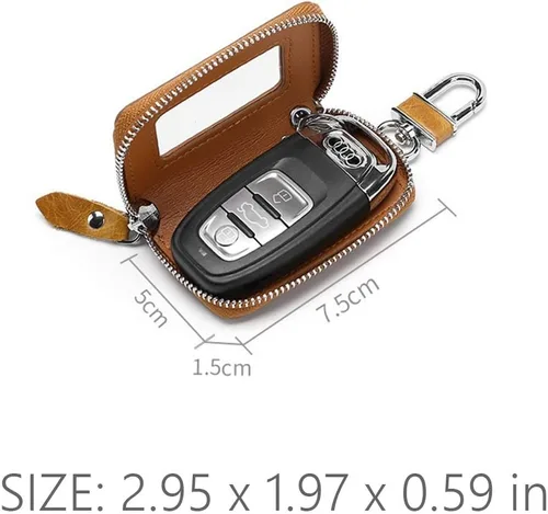 Miniatura 5 de BAKUN Mini funda de cuero premium para llaves de coche, llavero inteligente para coche, cartera con cremallera para llavero remoto Marrón claro