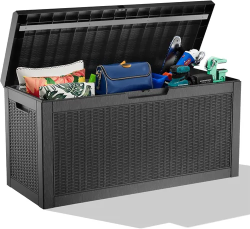 Miniatura 29 de Caja de almacenamiento impermeable para exteriores de 180 galones, caja de resina resistente a los rayos UV con varilla hidráulica para mayor 2-Gris