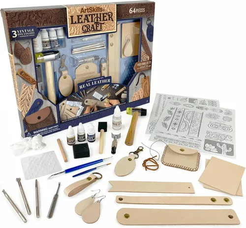 Kit de trabajo de cuero ArtSkills para principiantes con herramientas de cuero, tintes y sellos - Kit de arte y manualidades para adultos y