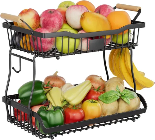 Miniatura 8 de Simple Trending canasta de frutas de 3 niveles trapezoidal con 4 ganchos para plátanos, organizador de cocina extra grande de alambre de metal