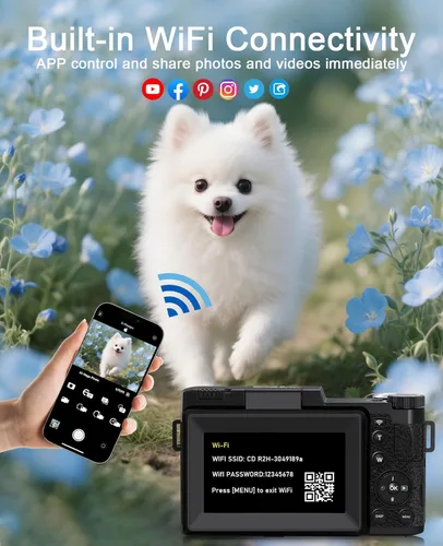 Miniatura 5 de FLATIC Cámara digital con WiFi, cámaras 5K 64MP para fotografía con pantalla giratoria de 180° para YouTube, cámara de videoblogs con enfoque