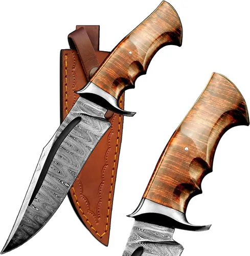 Cuchillo de caza de Damasco hecho a mano con funda de piel | Ideal para despellejado, camping, senderismo, actividades al aire libre | Cuchillo de