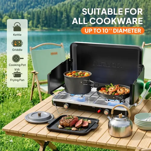Miniatura 5 de ROVSUN Estufa de camping portátil de 2 quemadores con encendedor, estufa de campamento de propano de 20000 BTU con adaptador, mango integrado