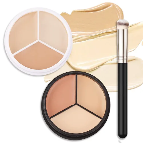 Paleta de contorno de corrector facial tricolor con cepillo para piel media clara. Paleta de base de crema correcta para debajo de los ojos ojeras