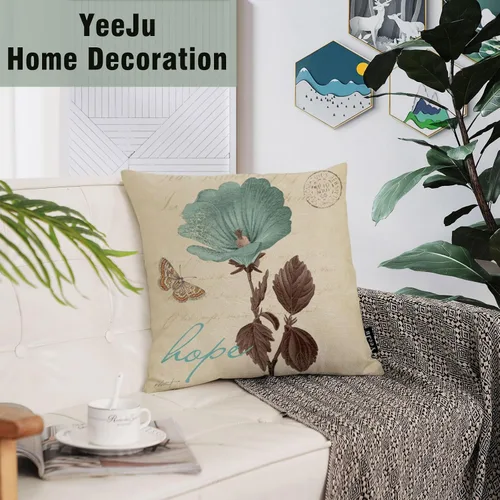 Miniatura 6 de YeeJu - Funda de cojín cuadrada de lino y algodón con diseño geométrica. Funda de almohada, para exterior, hogar, sofá., A-floral 09, 18*18 pulgadas