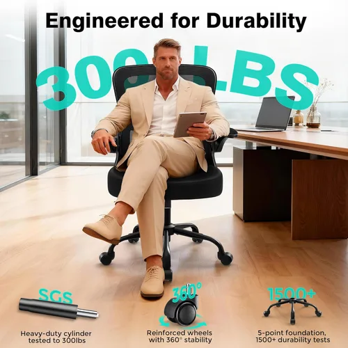 Miniatura 8 de AreShark Silla de oficina – Silla de escritorio ergonómica de malla transpirable con soporte lumbar ajustable y reposabrazos abatibles – Silla Negro