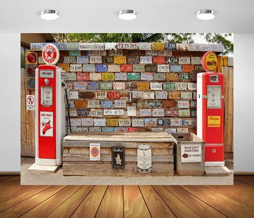 Miniatura 4 de Telón de fondo vintage de 5 x 3 pies para gasolinera retro para placa de matrícula de gasolinera Matel para fotografía, carretera occidental