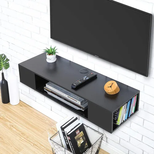Miniatura 5 de FITUEYES Soporte de TV flotante negro, centro de entretenimiento montado en la pared, almacenamiento de madera, estante de consola multimedia debajo