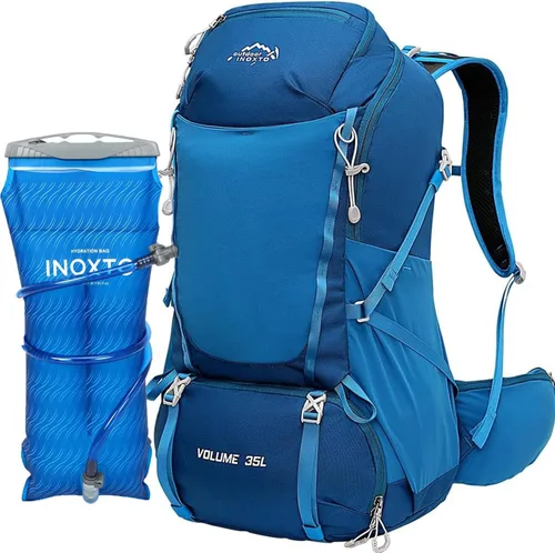 INOXTO - Mochila de senderismo de 35 litros con vejiga de 3 litros, mochila de campamento con cubierta impermeable para lluvia para hombres, mochila