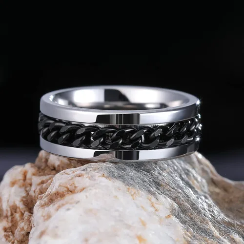 Miniatura 16 de King Will - Anillo antiestrés de acero inoxidable 316L para hombres y mujeres, con cadena decorativa giratoria, 8 mm de ancho, anillo de boda