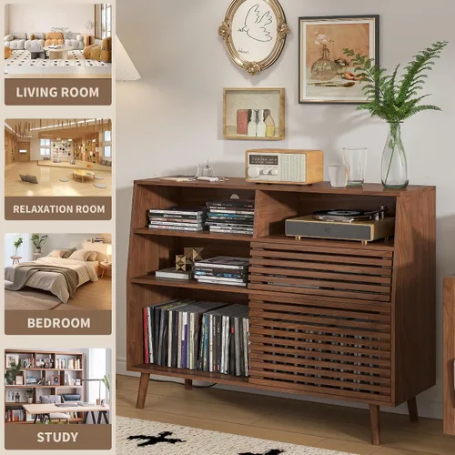 Miniatura 5 de Jluomei Soporte grande para tocadiscos, soporte para tocadiscos de mediados de siglo con puertas y estación de carga, mesa para tocadiscos