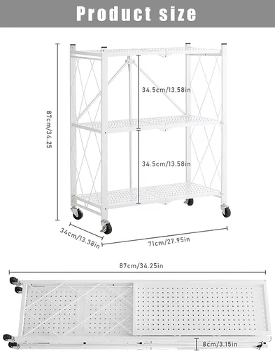 Miniatura 3 de Estantes plegables de 3 niveles con ruedas, estilo industrial, estantes de almacenamiento de metal resistentes para el hogar, cocina, dormitorio