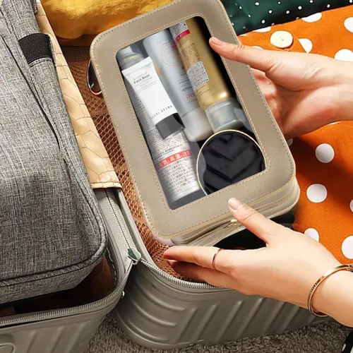 Miniatura 6 de Bolsa de maquillaje transparente pequeña, aprobada por la TSA, bolsa de aseo portátil con cremallera, bolsa de viaje para cosméticos, estuche Dorado