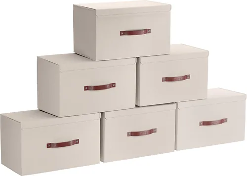 Miniatura 9 de Ornavo Home Paquete de 3 contenedores de almacenamiento plegables con tapa, cesta de almacenamiento plegable de tela de lino, organizador de armario
