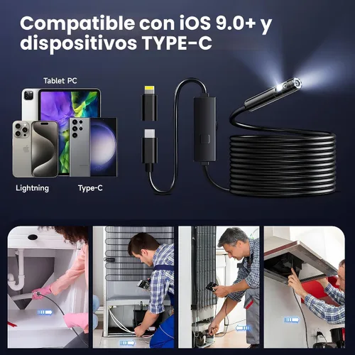 Miniatura 5 de [Lente dual] Cámara endoscopio con luz, boroscopio HD 1920P con 8+1 luces LED ajustables, IP67 impermeable 16.5 pies cámara de inspección de cable