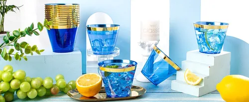 Miniatura 9 de Nervure 240 vasos de plástico azules – Vasos de plástico con borde dorado de 9 onzas – Taza azul desechable resistente con borde dorado perfecto