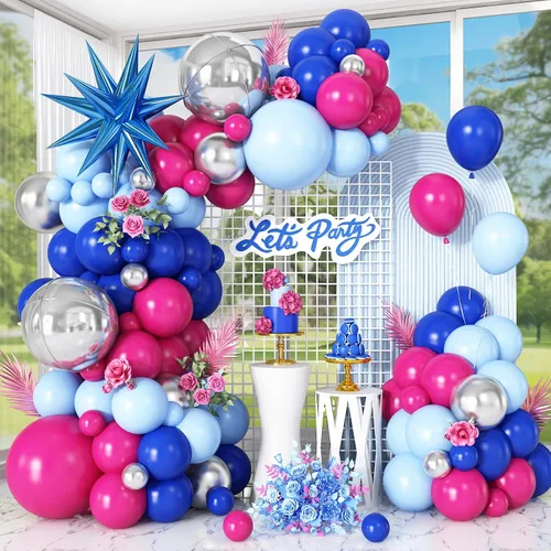 Miniatura 14 de Kit de guirnalda de arco de globos de color azul, blanco y plateado con globos de bola de discoteca, globos de papel de aluminio de estrella